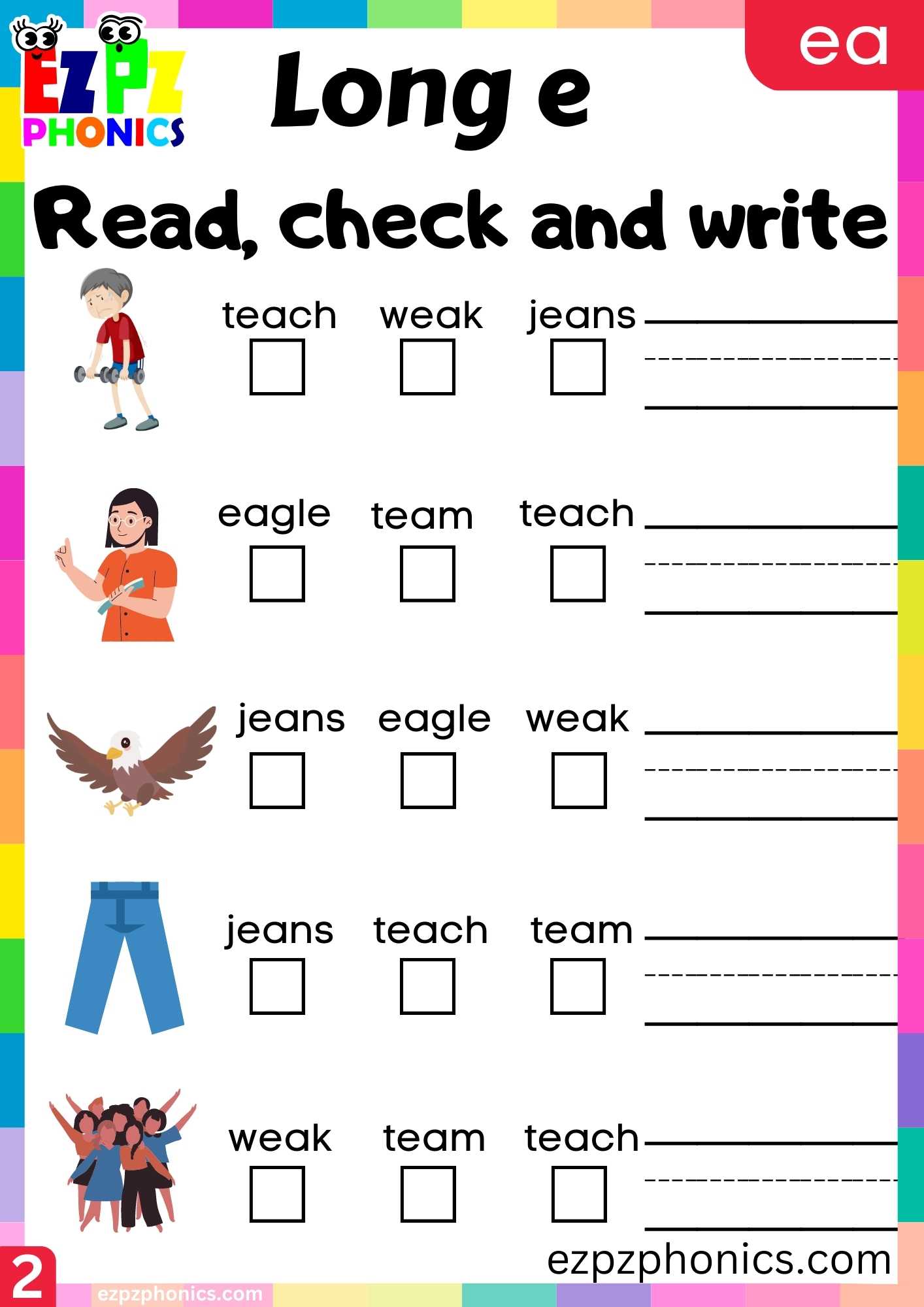 Group2 EA Words Read, Check And Write Long E Phonics Worksheet